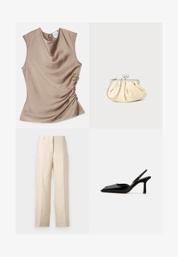 Top fără mâneci cu guler în formă de cowl, realizat din satin bej. Prezintă detalii pliate pe laterale și o închidere cu fermoar la spate. Textură netedă.; Pantaloni din in bej cu croială lejeră, cu față pliată și picioare drepte. Prezintă un brâu cu bucle pentru curea și fără buzunare vizibile.; Sandale din piele neagră cu toc, cu vârf ascuțit, design minimalist, curea subțire la gleznă și toc subțire elegant. Textură netedă.; Clutch din piele plisată bej, cu un cadru din metal argintiu, având două închideri decorative rotunde și o curea din lanț argintiu.
