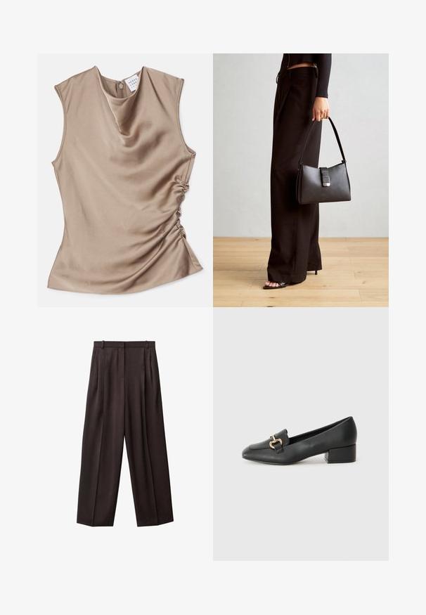 Cowl neck sleeveless top in beige satin. Features gathered detailing on the side and a zip closure at the back. Smooth texture.; Wide-leg trousers in dark brown fabric. Features include pleats at the front, a waistband with belt loops, and side pockets. Smooth texture.; Black leather loafers with a flat heel, featuring a decorative gold hardware detail on the front and a smooth texture.; Black handbag with structured shape, smooth texture, and a metallic clasp. Paired with wide black pants and open-toe sandals on wooden floor.