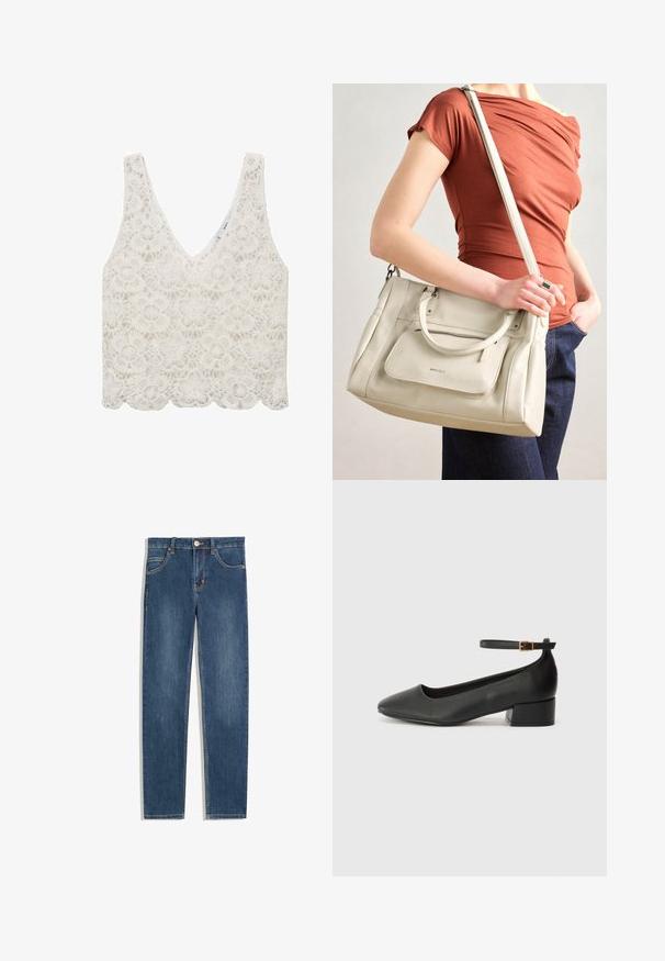 Camisole alb din dantelă cu decolteu în V, model floral, tiv ondulat și bretele ajustabile. Prezintă o textură complexă din dantelă pe toată suprafața.; Jeans din denim albastru închis cu croială dreaptă, cinci buzunare, detalii subtile de cusătură și un nasture metalic la talie.; Pantof cu toc negru din piele, cu vârf ascuțit și toc mic pătrat. Dispune de o curea la gleznă cu o cataramă în tonuri de aur. Textură netedă.; Geantă din piele albă cu mânere duble și o curea detasabilă, având o buzunare frontal cu fermoar și o textură netedă. Purtați-o pe brațul unei persoane.