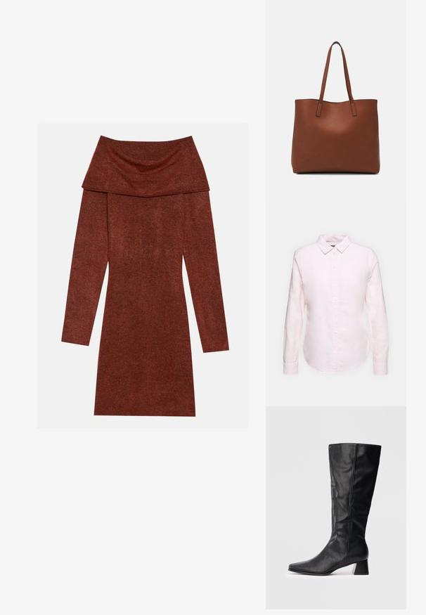 Light pink long-sleeve shirt with a button-down collar, featuring a straight hem and soft texture, made from lightweight cotton fabric.; Off-the-shoulder, long-sleeve dress in rust-colored fabric; features a draped neckline with a soft, textured finish.; Black mid-calf leather boot with pointed toe and block heel on plain light background.; Brown leather tote bag with a smooth texture, open top design, and two shoulder straps. Features minimal stitching and no visible hardware.