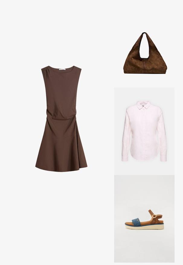 Hellrosa Langarmhemd mit Button-Down-Kragen, geradem Saum und weicher Textur, aus leichtem Baumwollstoff gefertigt.; Ärmelloses, braunes, knielanges Kleid mit Rundhalsausschnitt und leichtem seitlichem Raffungen, ausgestellter Rock auf weißem Hintergrund.; Blaues Textil-Obermaterial mit braunen Lederbändern, verstellbarem Schnallenverschluss und einer hellbeigen Plattform-Sohle mit strukturierten Seiten.; Braune Wildleder-Schultertasche mit offenem Oberteil. Sie verfügt über einen tiefen, breiten Körper, einen ausgeschnittenen Griff und minimale Nähte für ein sauberes Design.