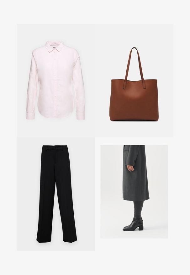 Svetloružová košeľa s dlhým rukávom a golierom na gombíky, s rovno strihaným lemom a jemnou textúrou, vyrobená z ľahkej bavlnenej látky.; Čierne široké nohavice vyrobené z hladkej látky, s klasickým pásom a zapínaním na gombík, a prednými skladmi.; Sivý, strihovo upravený kabát so rovnými líniami; doplnený o čierne kožené čižmy po kolená s štvorcovou špičkou a robustným podpätkom.; Hnedá kožená taška na rameno s hladkou textúrou, otvoreným vrchom a dvoma ramenými popruhmi. Má minimálne šitia a žiadne viditeľné kovania.