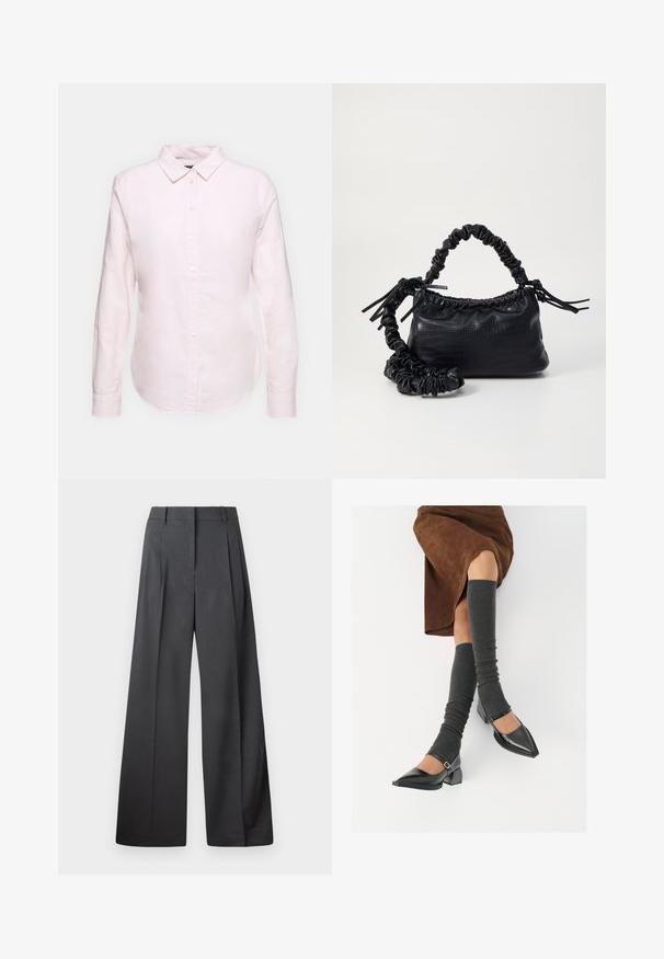 Šviesiai rožinė ilgom rankovėm marškiniai su užsegamu apykakle, turintys tiesią apatinę kraštinę ir minkštą tekstūrą, pagaminti iš lengvo medvilnės audinio.; Tamsiai pilkos plačios kojos kelnės, turinčios aukštą liemenį, vieną raukšlę ir sklandžią tekstūrą su tvarkingais kraštais.; Juodi lakuoti odiniai batai su aštriu kuma ir bloko kulnu, derinami su pilkais riebiais kojų šildytuvais ir rudais zomšiniais sijonais.; Juodas dirbtinės odos rankinė su krokodilo tekstūra, sušnibždinta viršuje ir susikraipytu dirželiu. Atrodo minkšta ir kompaktiška.