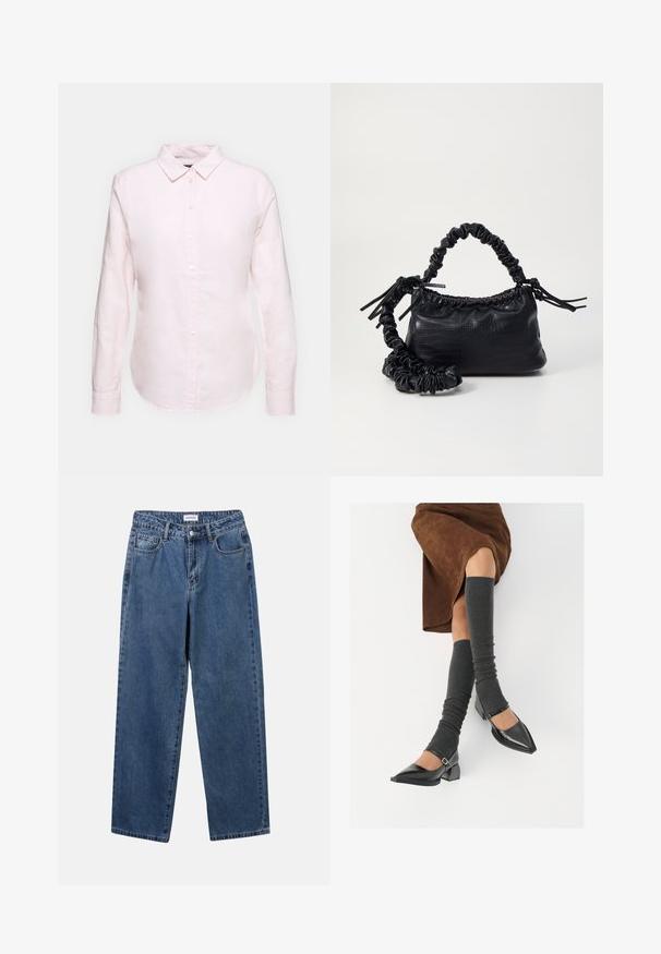 Kergelt roosa pika varrukaga särk, mis on varustatud nööpidega kaelaribaga, sirge hemiga ning pehme tekstuuriga, valmistatud kerge puuvillase kanga materjalist.; Klassikalised sinised denimists teksad otsejalaga disainiga, viie taskuga ja nööbisuletusega. Omab keskmist pesu ja tugevat tekstuuri.; Mustad patsaline odav värviga kingad, millel on kreen ja pahkluuring, on paaritatud hallide ribakudumitega sääremiidega ja pruunist nahast seelikuga.; Must must sünteetilisest nahast käekott, millel on krokodillimuster, kokku tõmmatav ülaosa ja kortsus rihm. Tundub pehme ja kompaktne disain.