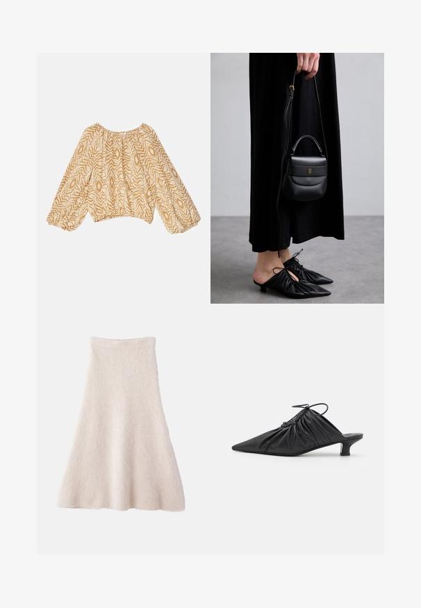 Blusa ligera de color beige con un patrón abstracto en tonos más oscuros y en forma de ondas. Presenta un escote fruncido y mangas amplias con elástico.; Una falda A-line de color beige claro, hecha de una tela suave y texturizada, que presenta una cinturilla lisa y una silueta fluida.; Mules negros de cuero sin hebillas con punta afilada, textura recogida y un pequeño tacón de gato. Presentan un detalle de cordón en la abertura.; Pequeña bolsa de cuero negra con forma redondeada, asa superior y correa desmontable. Llevada con un vestido de tela negra y zapatos plisados negros.; Pendientes de aro en tono dorado que presentan dos formas circulares entrelazadas, con un acabado liso y cierre de presión para un uso seguro.