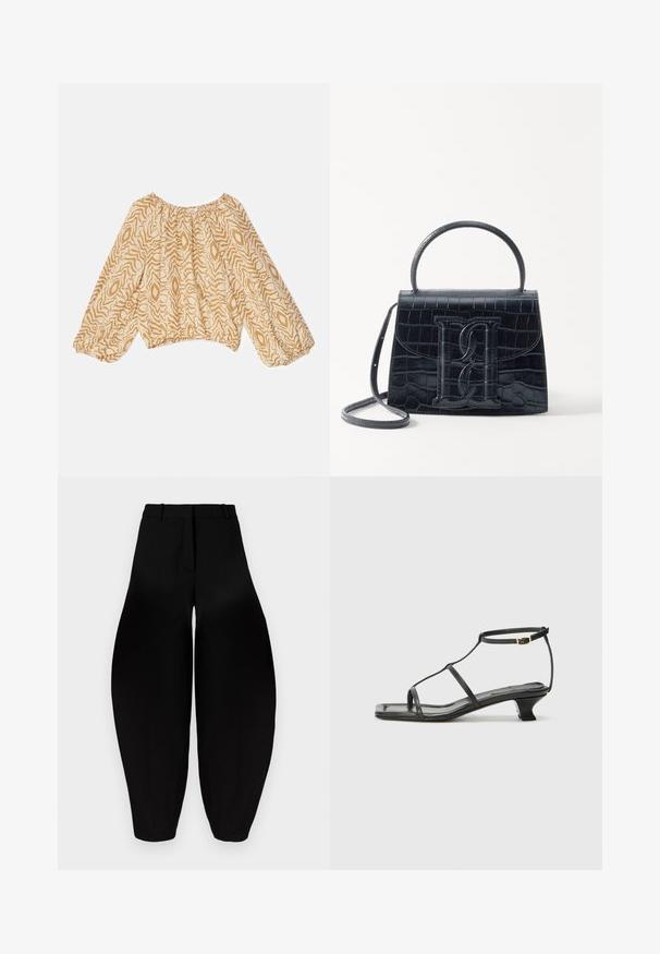 Ľahká béžová blúzka s abstraktným vlnitým vzorom v tmavších odtieňoch. Obsahuje riasený výstrih a voľné elastické rukávy.; Čierne široké nohavice s vysokým pásom, skladaným predným dielom a užšími členkami. Vyrobené z hladkej látky s matným povrchom.; Čierna kožená sandála so štvorcovou špičkou, tenkými popruhmi, nastaviteľným pásikom okolo členka a nízkym podpätkom. Obsahuje malý zlatý akcent na popruhu.; Čierna kabelka z krokodílovej embosovanej kože so štruktúrovaným dizajnom, horným uchom, nastaviteľným popruhom a výrazným predným logom.
