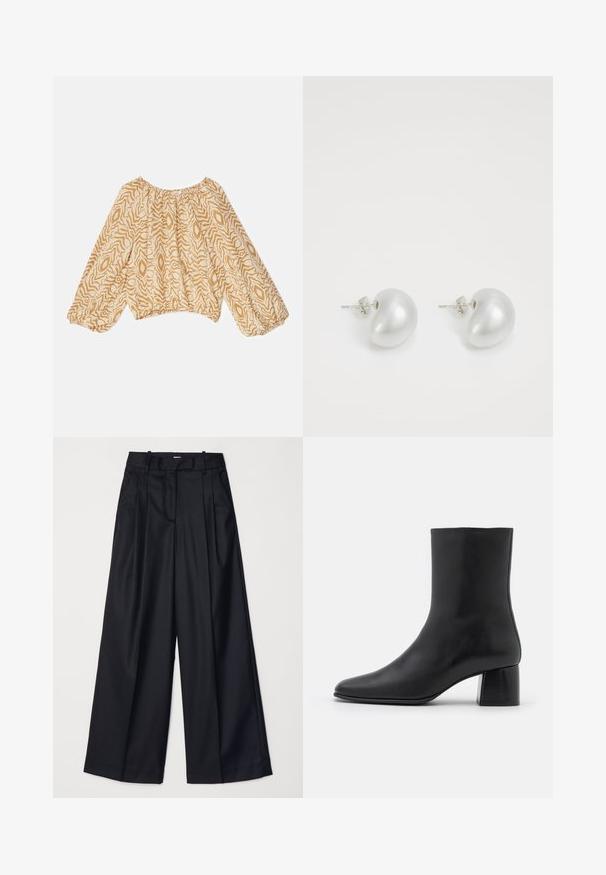Lekka, beżowa bluzka z abstrakcyjnym falistym wzorem w ciemniejszych odcieniach. Posiada marszczony dekolt i zwiewne, elastyczne rękawy.; Czarne spodnie o szerokich nogawkach, wykonane z gładkiego materiału, z wysokim stanem, zakładkami i dopasowanym krojem. Proste czarne elementy metalowe w talii.; Czarne skórzane botki za kostkę z ostrym noskiem i masywnym kwadratowym obcasem. Gładka faktura z bezszwowym designem i minimalnym przeszyciem.; Srebrne kolczyki perłowe w zakrzywionym, fasolowym kształcie. Gładka, błyszcząca powierzchnia, z zamknięciem na stalowy szpikulec i zatyczkę.