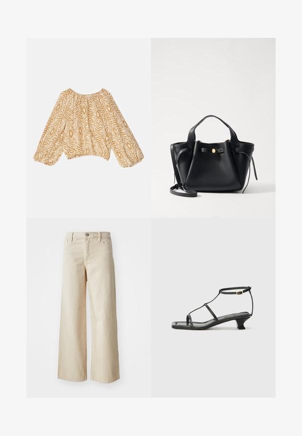 Keve, bézs színű blúz absztrakt, hullámos mintával sötétebb árnyalatokban. Ráncolt nyakkivágással és fodros, gumírozott ujjakkal rendelkezik.; Beige levele jeansit valmistettu denimpistä, joissa on korkea vyötärö, nappisulku, vyölenkit ja sivutaskut. Suora pinta ja rento istuvuus.; Musta nahkasaapas, jossa on neliön muotoinen kärki, ohuet hihnat, säädettävä nilkkahihna ja matala korko. Hihnassa on pieni kultainen yksityiskohta.; Mustavihreä nahkalaukku, jossa on rakenteellinen muotoilu, kultakoriste, kaksi lyhyttä kahvaa ja irrotettava pitkä hihna. Rakeinen pinta.