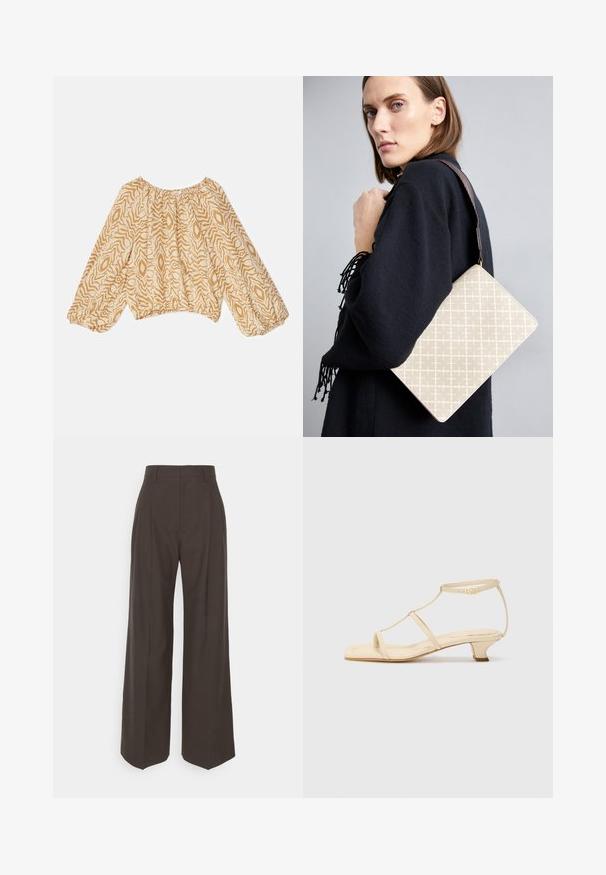 Lett, beige bluse med et abstrakt bølget mønster i mørkere nuancer. Har en sammensnøret halsudskæring og flagrende, elastiske ærmer.; Mørkebrune brede bukser med høj talje, der har pænt pressede folder, glat overflade og en skræddersyet pasform.; Beige hælede sandaler med T-stropdesign, firkantet tå, justerbar ankelrem og lav blokhæl. Glat lædermateriale.; Beige mønstret skuldertaske med en struktureret form, der har en brun tekstureret rem. Båret af en model mod en grå baggrund.