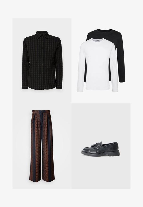 Černá košile s dlouhým rukávem, s texturovaným kostkovaným vzorem v tmavých odstínech, s knoflíkovým zapínáním vpředu, límečkem a manžetami se shodnými pruhy.; Dvoje dlouhých rukávů, jedno černé a jedno bílé, vyrobené z bavlny s kulatým výstřihem a hladkou texturou, vystavené ve srovnaném uspořádání.; Široké kalhoty z tmavě modré tkaniny s jemným oranžovým geometrickým vzorem, s sklady vpředu a přiléhavým pasem.; Černé kožené mokasíny s kulatou špičkou, páskem se třásněmi a robustní podrážkou s vzorováním. Hladká textura a klasický design.