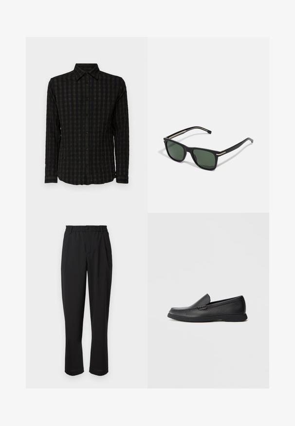 Must mustaheline särk tumedate tooni tekstuurse ruudulise mustriga, millel on nööbiga eesmine osa, krae ja mansetid sobivate triipudega.; Mustad püksid elastse vöökohtaga, nööbikinnitusega ja sirge lõikega. Sile kangas, ilma nähtavate mustrite või aktsentideta.; Mustast nahast slip-on loafer, millel on tekstureeritud ülemine osa, ümar varvas, madal konts ja kummist tallad, esitatud külgprofiilis valgel taustal.; BOSS Päikeseprillid - black