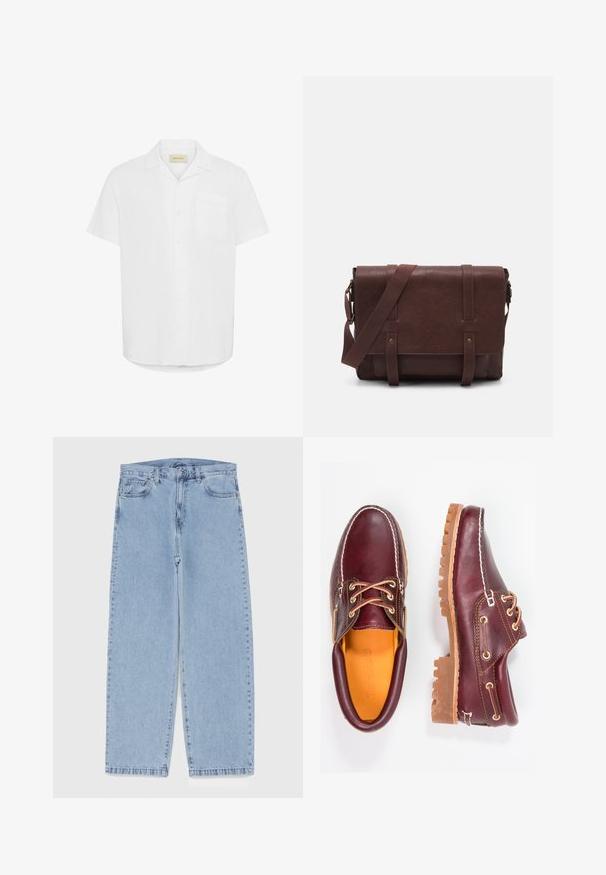 Korte mouwen witte overhemd met knopen, gemaakt van lichtgewicht stof, met een enkele borstzak en een ontspannen pasvorm.; Witte katoenen tanktop met een ronde halslijn, brede schouderbanden en een rechte zoom, met een gladde textuur en zonder zichtbare patronen.; Lichtblauwe denim jeans met een recht model, voorzien van een middelhoge taille, vijf zakken en een knoop- en ritssluiting.; Bordeaux leren schoenen met bruine rubberen zolen, ronde neus, witte stiksels en gouden veterogen. Het interieur heeft een gele voering.; Bruine lederen schoudertas met een platte voorflap, twee banden, gouden hardware-accenten en een verstelbare schouderband.