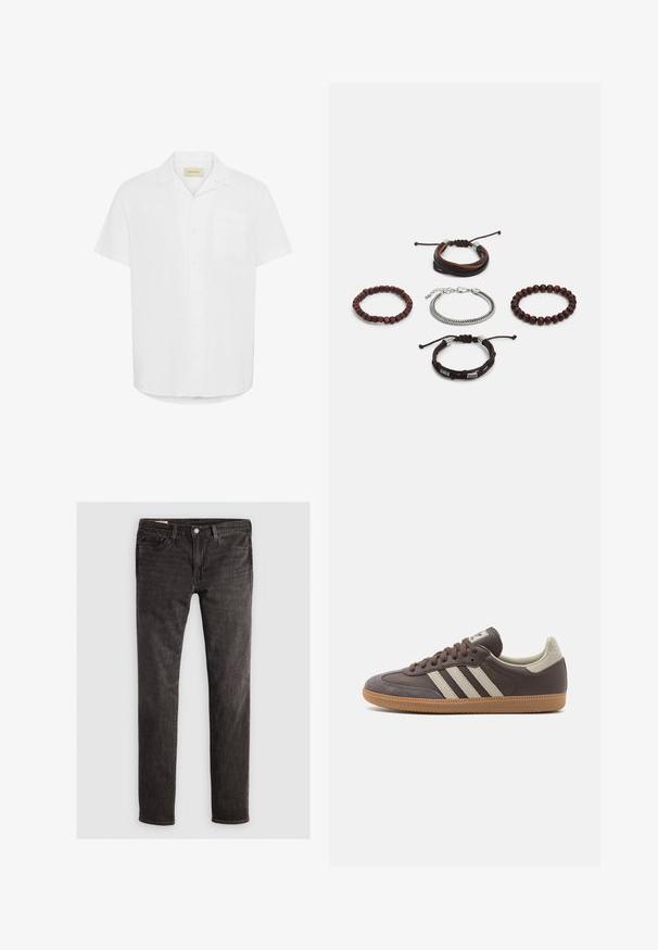Camicetta bianca a maniche corte, realizzata in tessuto leggero, con una sola tasca sul petto e un design a taglio rilassato.; Jeans in denim nero dalla vestibilità slim, con design a cinque tasche, bottone in ottone e texture sottile. Nessun motivo visibile o ulteriori decorazioni.; Sneaker in pelle marrone con tre strisce chiare, suola in gomma, punta arrotondata e dettagli in suede texture sul tallone e sulla punta.; Set di cinque bracciali caratterizzati da pelle marrone, perline di legno e una catena in argento; texture e forme variabili, con chiusure regolabili.
