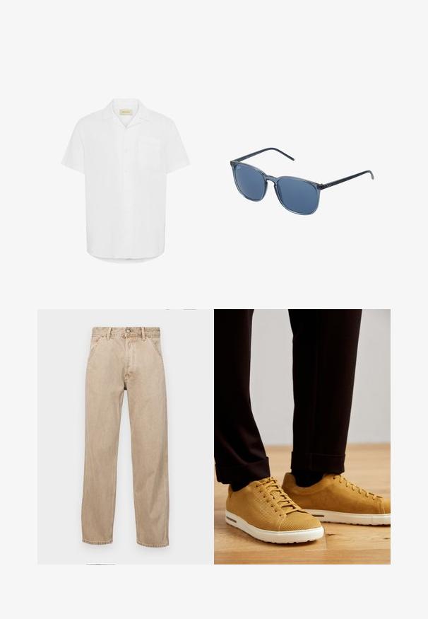 Lühikeste varrukatega valge nööpidega särk, valmistatud kerge kangaga, millel on üks rinna-tasku ja lõdva lõike disain.; Bežidemini teksased sirgjoonise kujundusega, front pocket'itega, metallist nööbi kinnitusega ja peene tekstuuriga.; Kollaste ribadega spordijalatsid valgete taldadega, ümarate varvastega, lipsudega disain ja tekstureeritud pind, kantud mustade kääritud pükstega puidust põrandal.; Sinine ristküliku kujuga prillid hallide toonitud lensedega, plastikraam, metallilised aktsendid ja matte viimistlus kääridel.