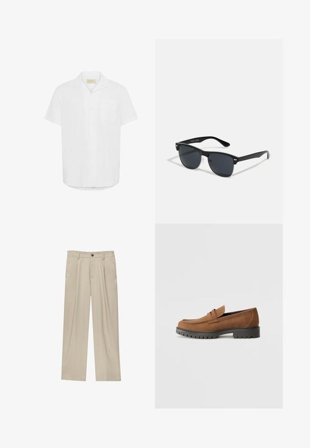 Lyhythihainen valkoinen nappipaita, joka on valmistettu kevyestä kankaasta. Paidassa on yksi rintatasku ja rento leikkaus.; Beige-housut suoran leikkauksen omaavina, joissa on yksi musta nappi, vyölenkit ja sivutaskut. Sileä kangas ja minimalisti muotoilu.; Ruske mokasiner av sueding med rund tå og lav svart gummisåle, med dekorativ stropp og sømdetaljer på overdelen.; Mustat aurinkolasit, joilla on suorakulmainen muoto, tummat linssit, hopeiset yksityiskohdat temppeleissä ja matta pinta kehykset.