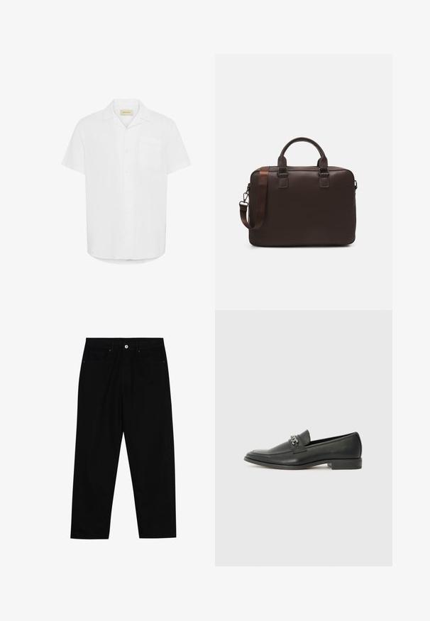 Trumpas rankovėmis baltas mygtukų marškiniai, pagaminti iš lengvos medžiagos, su vienu krūtinės kišeniu ir laisvu siluetu.; Juoda džinsinė kelnė su tiesiu kirpimu, penkių kišenių dizainu ir priekiniais mygtukais. Lygus paviršius su minimaliu siuvimo detalėmis.; Juodos odinės loafer tipo bateliai su lygiu paviršiumi, turintys siuvinėtą dizainą ir dekoratyvų metalo grandinėlės akcentą ant batų viršaus. Plokščias kulnas.; Ruda odinė nešiojamojo kompiuterio rankinė su tekstūruota paviršiumi, dviem viršutiniais rankenomis, reguliuojama juosta ir dviem priekiniais sagtimis papildomam akcentui.