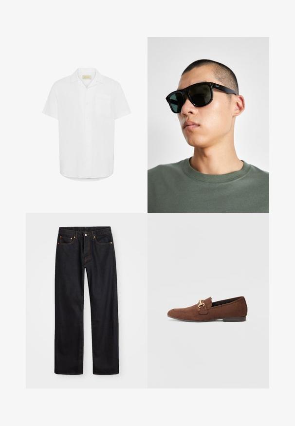Srajca s kratkimi rokavi v beli barvi, izdelana iz lahkega materiala, s posamezno žepom na prsih in zasnovo sproščenega kroja.; Moške črne kavbojke ravnega kroja z petimi žepi in oranžnim šivanjem, z gumbom in zadrgo na sprednjem pasu.; Rjavi zakončani loaferji iz suede usnja z zlatimi dodatki, mandlaste oblike in nizko peto. Imajo šivane detajle na zgornjem delu.; Črne pravokotne sončna očala s temnimi lečami, ki imajo značilno obliko in blagovno znamko na ročaju. Nosijo jih oseba v zeleni majici.