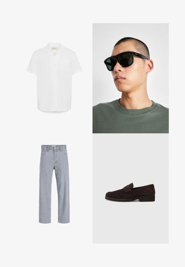 Lühikeste varrukatega valge nööpidega särk, valmistatud kerge kangaga, millel on üks rinna-tasku ja lõdva lõike disain.; Heledad sinine teksapüksid, millel on mugav lõige, sirged sääred, nähtavad õmblused, kaks eesmist taskut ja nööbkinnisega sulgemine.; Pruuni sametist loafers madala profiili ja ümarate varvastega. Omab dekoratiivset rihma ülaosas, tasast kummist talda ning nähtamatut õmblust.; Mustade ristküliku kuju prillid tumedate läätsedega, millel on eriline kuju ja bränding templil. Kanda inimese poolt, kellel on seljas roheline särk.