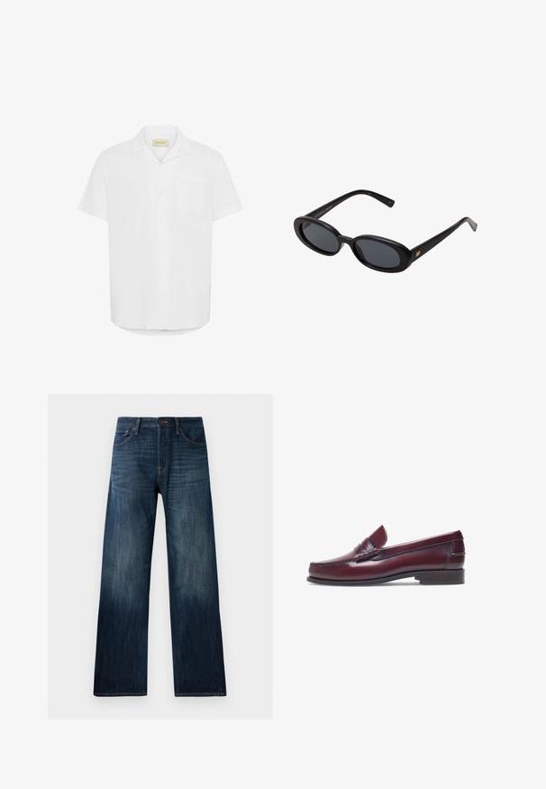 Kurzärmliges weißes Hemd mit Knopfverschluss, aus leichtem Material gefertigt, mit einer einzelnen Brusttasche und einem entspannten Schnitt.; Dunkelblaue Jeans aus Denim mit geradem Bein, ausgestattet mit einer leichten Textur, Gürtelschlaufen und einem klassischen Fünf-Taschen-Stil.; Burgunderfarbene Lederloafer mit abgerundeter Zehenform, gestickten Details und einem kleinen dekorativen Akzent auf dem Blatt. Flache, kontrastierende Sohle.; Schwarze, oversized Sonnenbrillen mit ovalen Gläsern, glattem Kunststoffrahmen und goldenen Akzenten an den Bügeln. Die dunklen Gläser bieten Sonnenschutz.