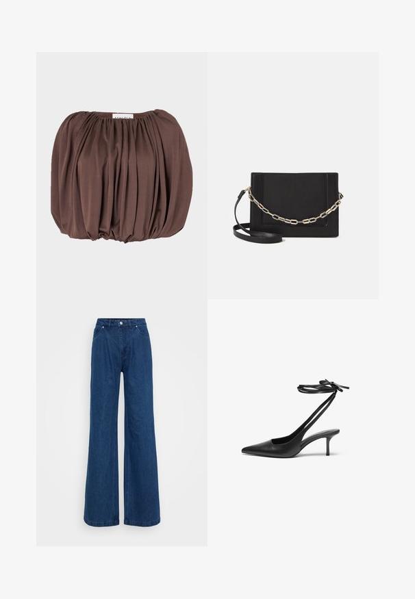 Brauner Bluse mit Puffärmeln aus weichem Stoff mit Faltenmuster, ausgestattet mit einem gerafften Halsausschnitt und abgerundetem Saum.; Weite blaue Jeans mit hoher Taille, vorderem Knopf- und Reißverschlussverschluss sowie Vorder- und Hintertaschen vor einem schlichten Hintergrund.; Schwarzer Leder-Stiletto mit spitzem Zehenbereich, offenem Fersenbereich und mit einer Schleife gebundenen Knöchelriemen. Schlanker 3-Zoll-Absatz. Glatte Textur, minimalistisches Design.; Schwarze Leder-Crossbody-Tasche mit glatter Textur, rechteckiger Form und metallic-kettendetail auf der Vorderseite. Verstellbarer Gurt inklusive.