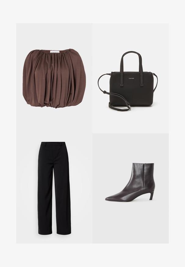 Brun puff-sleeve top lavet af blødt stof med plisseret design, der har en samlet halsudskæring og afrundet kant.; Sorte brede bukser lavet af glat stof, med et klassisk talje bånd og en skræddersyet silhuet med frontlommer.; Sort læder ankelstøvle med spids tå og lav kittenhæl, glat finish, lynlås i siden, vist på en neutral baggrund.; Sort håndtaske med to korte håndtag og en aftagelig skulderrem. Glat læderagtigt materiale med lynlåslukning og logo detaljer.