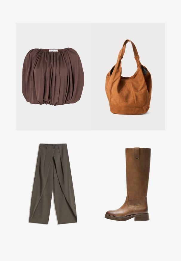 Bruine top met pofmouwen gemaakt van zachte stof met een geplooid ontwerp, met een gerimpelde halslijn en een afgeronde onderrand.; Wijdvallende broek gemaakt van een gestructureerde, donkergrijze stof. Heeft een voorplooien, een knopenluiting en zijzakken voor praktische doeleinden.; Bruine leren laars tot de knie met een ronde neus, gestructureerd oppervlak en een lage, gestapelde hak. Beschikt over een zijpaneel en een aantrektap aan de bovenkant.; Bruine suède schoudertas met een zachte textuur, gebogen vorm en twee handvatten. Heeft een minimalistisch ontwerp zonder zichtbare hardware of accenten.
