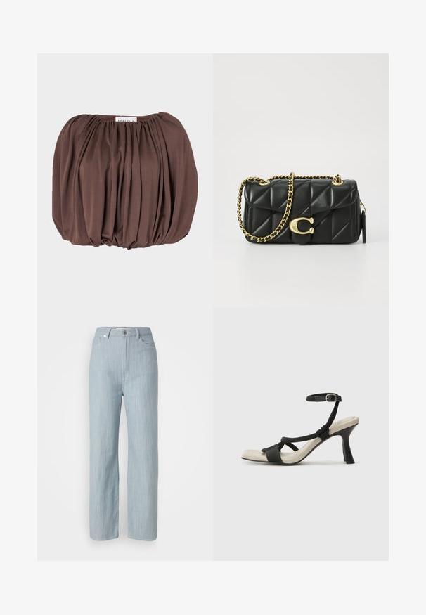 Hnedý top s fúzovými rukávmi vyrobený z mäkkej tkaniny s skladaným dizajnom, s riaseným výstrihom a zaobleným dolným okrajom.; Svetlomodré džínsy rovného strihu vyrobené z denimu. Majú päť vreciek, kovové zapínanie na gombík a jemné žmolkovanie pre textúru.; Čierne sandále na podpätku s pleteným pásikom, štvorcovou špičkou a nastaviteľným remienkom okolo členka. Svetlobéžová stielka s lesklým čiernym podpätkom.; Čierna lesklá kožená kabelka s prešívaním, so zlatým reťazovým popruhom a uzáverom na klip s okrúhlou ozdobou. Kompaktný obdĺžnikový tvar.