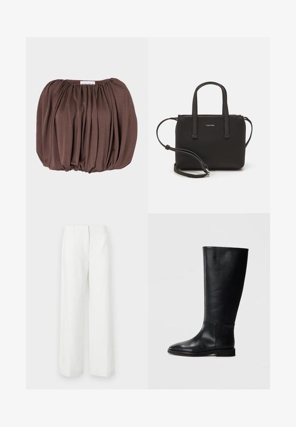Top marrón de mangas abullonadas hecho de un tejido suave con diseño plisado, que presenta un escote fruncido y un dobladillo redondeado.; Pantalones de pierna ancha blancos con una textura suave, que presentan un frente plano y pliegues marcados. Hechos de una tela ligera, sin patrones visibles.; Bota alta de cuero negro hasta la rodilla con punta redonda, textura suave, diseño minimalista y suela plana. Detalles de costura simples en el caña.; Bolso de mano negro con dos asas cortas y una correa de hombro removible. Material suave tipo cuero con cierre de cremallera y detalle del logo.
