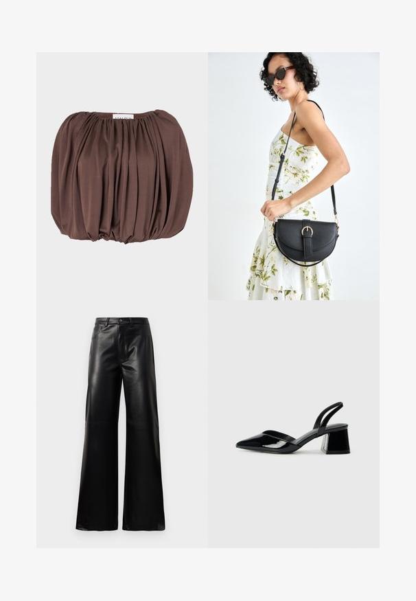 Rjava majica s pihastimi rokavi, izdelana iz mehkega materiala s pregibnim dizajnom, ki ima nabrano ovratnico in okroglo spodnjo obrobo.; Črne široke hlače iz umetnega usnja z visokim pasom, sprednjim gumbom, zadrgo, zanke za pas in stranskimi žepi na beli podlagi.; Črne lakirane slingback pete s koničastim nosom in geometrijsko blokasto peto. Imajo eleganten, minimalističen dizajn in gladko teksturo.; Črna usnjena torbica s ukrivljeno obliko, z odstranljivo naramnico in zlatimi dodatki. Torbica ima pokrov s podrobnostmi v obliki zaponke.