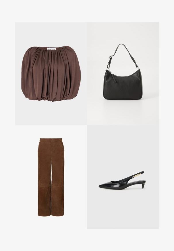 Brun puff-sleeve top lavet af blødt stof med plisseret design, der har en samlet halsudskæring og afrundet kant.; Brune ruskind bukser med vidde, høj talje, sidelommer, frontlukning med knap og glat tekstur.; Sorte læder slingback hæle med spids tå, der har en slank hæl og en guldfarvet detalje på den justerbare rem. Glat tekstur.; Sort læderhåndtaske med en buet form, en enkelt rem, lynlås lukning og diskret branding på forsiden. Glat tekstur, minimalistisk design.