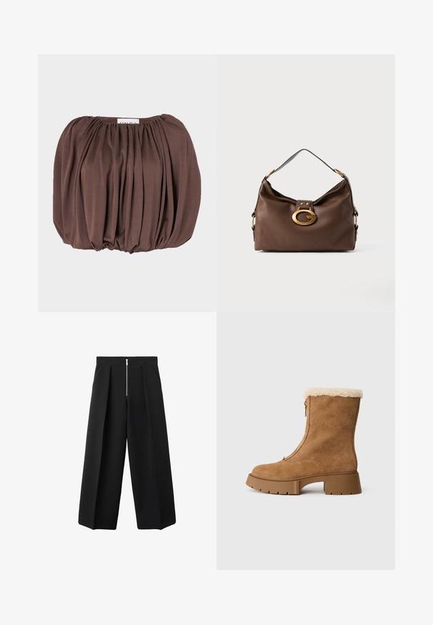 Top marrone con maniche a palloncino realizzato in morbido tessuto con design plissettato, caratterizzato da un collo arricciato e un orlo arrotondato.; Pantaloni neri a gamba larga con pieghe frontali e una zip argentata a vista in vita, parte anteriore piatta e tasche laterali.; Stivale alla caviglia in camoscio marrone con rivestimento morbido color crema, cerniera laterale e suola in gomma spessa. Presenta una texture liscia e punta arrotondata.; Borsa a mano in pelle marrone con una finitura testurizzata, dotata di un gancio in metallo dorato e di una singola tracolla curva.