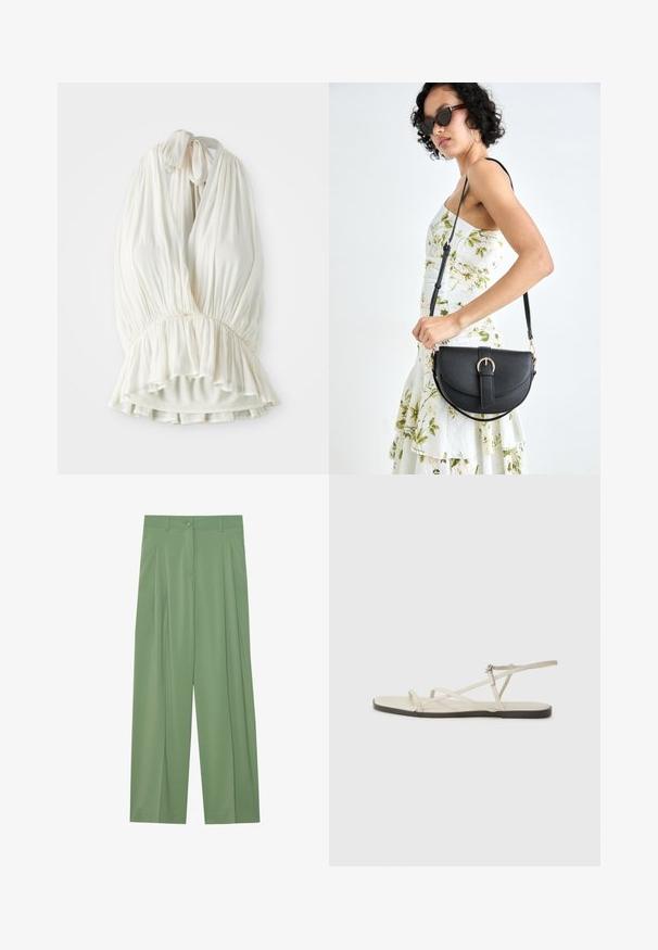 Lys elfenben halter topp laget av myk stoff, med en plisserte design og en innsamlet midje for en utsvingt kant. Knutes i nakken.; Grønne vide bukser laget av glatt stoff. Har folder foran, en enkelt knappelukking og beltehemper.; Beige flate sandal med flere slanke stropper og en justerbar spenne. Sålen er flat med en svak mørk kontrast langs kanten.; Svart lærveske med en buet form, avtagbar stropp og gullbeslag. Vesken har et klaff med spenne-detall.