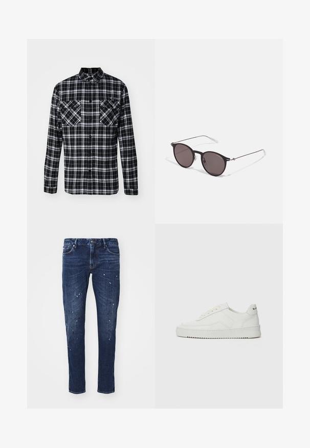 Camisa de franela a cuadros en blanco y negro con un diseño de botones, mangas largas, dos bolsillos frontales y un sutil detalle de costura.; Jeans de mezclilla oscura con corte slim, que presentan manchas de pintura, costuras visibles y diseño clásico de cinco bolsillos. Corte recto.; Zapatilla de cuero blanca con un acabado suave, puntera redonda, cordones planos y suela texturizada. Cuenta con un sutil logo en el talón.; Gafas de sol redondas negras con lentes oscuros y brazos metálicos delgados. Incluye puntas de varilla transparentes y acentos plateados en la bisagra. Diseño minimalista.