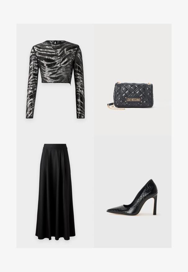 Juodas ilgas rankovės trumpas viršus su tekstūruotu metaliniu sidabro raštu ir apvalia iškirpte, turintis užpakalinį užtrauktuką.; Juodas ilgomis rankovėmis bodis su giliu V formos iškirpimu, sluoksniuota volanų dizainu per krūtinę ir platėjančiomis rankovėmis. Lygus, tamprus audinys.; Juoda, iki žemės tiesi sijonas su lygiu paviršiumi, plačiu juosmeniu ir pūtimo dizainu, be matomų raštų ar puošmenų.; Juoda smailiakulnė aukšto kulno bateliai su krokodilo odos tekstūra, pasižymintys elegantišku dizainu, aukštu stiletu kulnu ir lygia juoda vidine dalimi.; Juoda siūta Love Moschino rankinė su auksine grandine ir auksiniu prekės ženklo plakatu ant priekinių durelių.