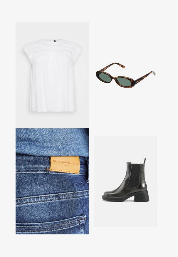 Bijela bluzica s kratkim kap sleeves, koja ima delikatnu čipkastu obrub duž izreza i poprsja, izrađena od lagane tkanine.; Bijela košulja dugih rukava s širokim izrezom, izrađena od mekanog i glatkog materijala. Ima uski dizajn i krojeni rub.; Plave traperice od denima s smešnom kožnom etiketom na kojoj piše "ONLY CARMKOMA Denim", s vidljivim šavovima i detaljem bočne džepice.; Crne kožne gležnjače s glatkom završnom obradom, elastičnim bočnim panelima i debelim potplatom. Imaju kuku za lakše obuvanje.; Sunčane naočale u boji kornjače s ovalnim okvirom i zelenim staklima. Imaju tanke ručke s metalnim detaljem blizu šarki.; Srebrne metalne naušnice s valovitim, skulpturalnim dizajnom, naglašenim sjajnom završnom obradom i nepravilnim oblicima, što ističe suvremeni estetski izraz.