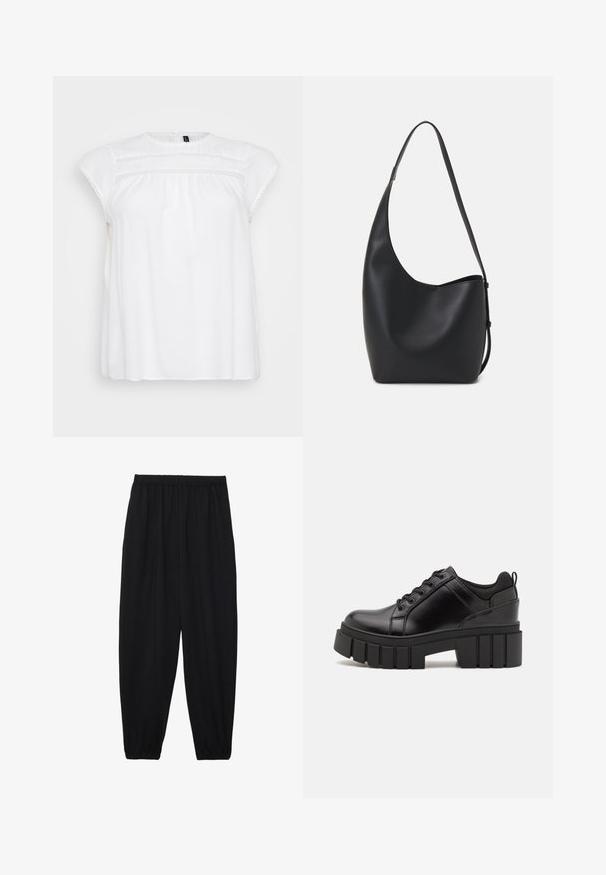 Bela bluzica s kratkimi rokavi, okrašena z nežno čipko ob vratu in bustu, izdelana iz lahkega materiala.; Črne, lahke hlače z elastičnim pasom in nabranimi gležnji. Tkanina je gladka in ima sproščen, taperiran dizajn.; Črne usnjene platforme z debelim blokastim petam, okroglo konico in klasičnim vezanjem. Imajo gladko teksturo in minimalne podrobnosti.; Črna usnjena hobo torba z gladko teksturo, ukrivljeno obliko in eno nastavljivo naramnico; ima širok odprtina na vrhu.