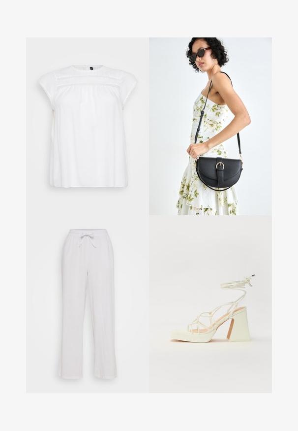 Blusa bianca con maniche corte a sbuffo, caratterizzata da una delicata rifinitura in pizzo lungo il colletto e il busto, realizzata in tessuto leggero.; Pantaloni bianchi in lino con elastico in vita, caratterizzati da una vestibilità morbida e un design a gamba dritta. Texture liscia, senza motivi o dettagli visibili.; Sandalo bianco con tacco alto, caratterizzato da un design a cinturini e un legaccio alla caviglia. Texture liscia con una piattaforma frontale per un'altezza aggiuntiva.; Borsa a tracolla nera in pelle con una forma curva, manico rimovibile e accessori dorati. La borsa presenta una patta con un dettaglio a fibbia.; Anello doppio in argento con superficie liscia e lucida. Presenta un design fluido e curvo con sezioni sovrapposte per un aspetto moderno.