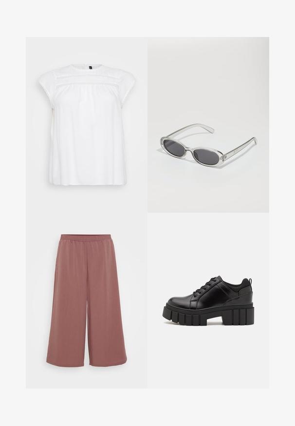 Chemisier blanc avec de courtes manches en cap, orné de délicates bordures en dentelle autour de l'encolure et de la poitrine, fabriqué en tissu léger.; Pantalons larges en tissu doux et texturé, dotés d'une taille élastique. La couleur est un rose atténué, mettant en valeur le design fluide.; Chaussures à plateforme en cuir noir avec un talon bloc épais, bout rond et un design traditionnel à lacets. Elles présentent une texture lisse et un détail minimal.; Lunettes de soleil de forme ovale, monture en plastique transparent, verres gris foncé et branches transparentes fines avec des accents de logo et un minimalisme dans les détails.; Sac à main en cuir noir avec une forme courbée, bandoulière amovible et des accessoires en or. Le sac est doté d'un rabat avec un détail de boucle.