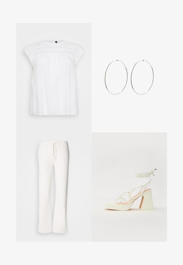 Chemisier blanc avec de courtes manches en cap, orné de délicates bordures en dentelle autour de l'encolure et de la poitrine, fabriqué en tissu léger.; Pantalons de jogging blancs, à coupe décontractée, fabriqués en tissu doux, dotés d'une taille élastique avec cordon de serrage et d'une conception à jambe droite.; Sandale blanche à talons hauts avec un talon épais, présentant un design à lanières et un lien autour de la cheville. Texture lisse avec une plateforme à l'avant pour une hauteur supplémentaire.; Boucles d'oreilles en argent avec un design lisse et rond, et une finition polie. Elles sont fines et légères, avec un fermoir simple.