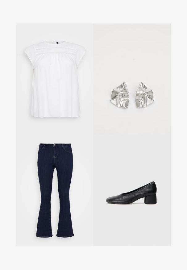 Chemisier blanc avec de courtes manches en cap, orné de délicates bordures en dentelle autour de l'encolure et de la poitrine, fabriqué en tissu léger.; Jean en denim bleu foncé taille haute, avec une coupe ajustée à la cuisse et un léger évasement en bas, dotés de poches avant et d'une fermeture à bouton.; Escarpin en cuir noir avec un bout rond et un talon bloc moyen. Texture lisse avec un minimum de détails, présentant une ouverture élastique discrète.; Boucles d'oreilles en métal argenté avec un design ondulé et sculptural, présentant une finition polie et des formes irrégulières, mettant en valeur une esthétique contemporaine.