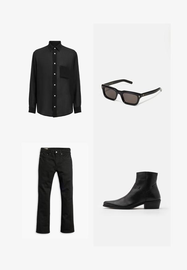 Sort skjorte med knaplukning lavet af tekstureret materiale. Har lange ærmer, en klassisk krave og en brystlomme. Knapperne er hvide.; Sorte denim jeans med lige ben, fem lommer, metalknaplukning og diskrete syninger. Glat tekstur og ensfarvet.; Sort læder ankelstøvle med spids tå, minimale syninger, en mellem-høj blokhælt og en glat, poleret finish.; Sorte rektangulære solbriller med mørke glas, tyk plastisk ramme, guldtryk på stængerne og brandlogo indgraveret på armen.