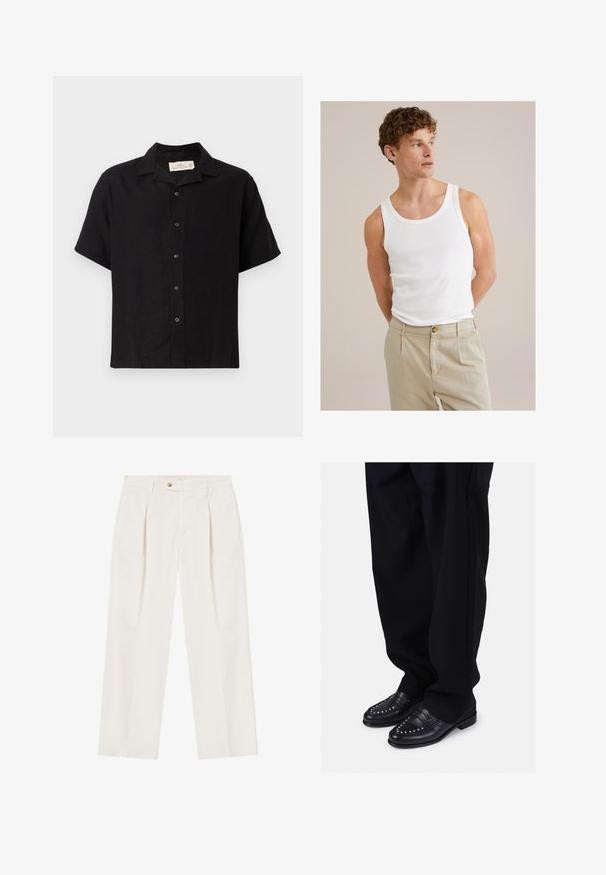 Schwarzes kurzärmliges Hemd aus einem Leinen-Mix, mit Kentkragen, Knopfverschluss vorne und einer lässigen Passform. Weiche Textur, minimalistisches Design.; Weißes Baumwoll-Top mit rundem Ausschnitt und breiten Trägern, kombiniert mit hellbeigen Hosen mit einem Knopf und Falten.; Weiße, weite Hosen mit Falten an der Vorderseite, einem einzelnen Knopfverschluss und Seitentaschen. Glatte Textur und maßgeschneiderter Schnitt.; Schwarze Leder-Loafer mit dekorativen Nieten und glatter Oberfläche, kombiniert mit lockeren schwarzen Hosen.