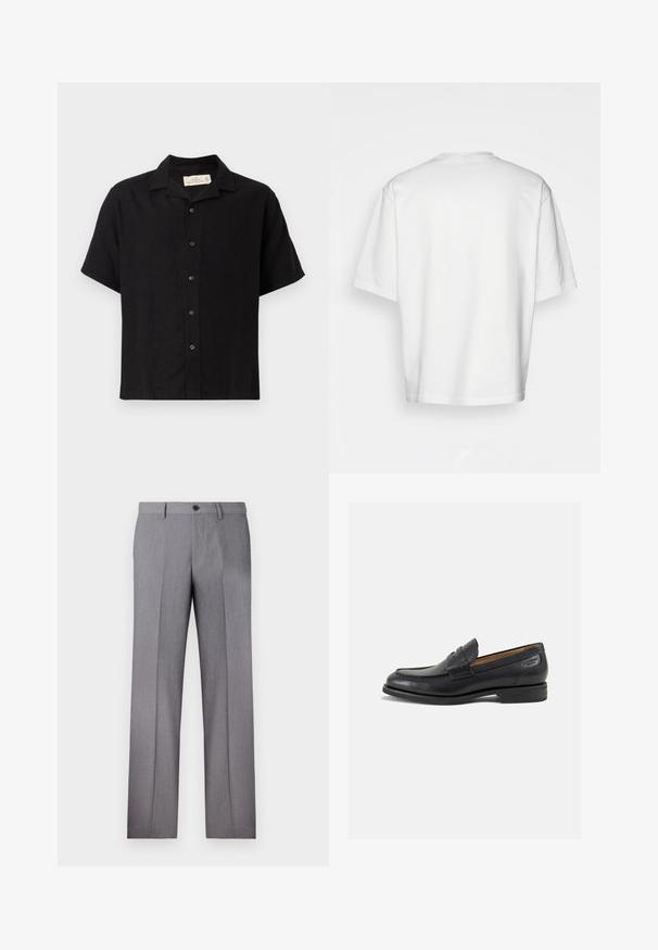 Juodas trumpomis rankovėmis marškinėliai, pagaminti iš lino ir sintetinių pluoštų mišinio, su atviru apykakle, priekyje su sagų uždarymu ir laisvu siluetu. Minkšta tekstūra, minimalus dizainas.; Balta trumpa rankovėmis marškinėliai, laisvas kirpimas, apvalus iškirpimas, lygaus džinsinio audinio, nepuošta nugara, tiesiai kraštu, be raštų ar akcentų.; Pilkos pritaikytos kelnės su plokščiu priekiu, dviem šoninėmis kišenėmis ir vienu mygtuko užsegimu. Lygi tekstūra su subtiliu dryželiu.; Juodi odiniai loafersai su lygiu paviršiumi, apvaliu pirštu ir dekoratyvine siūlė viršuje. Žemas sustiprintas kulnas ir lengvas blizgesys.