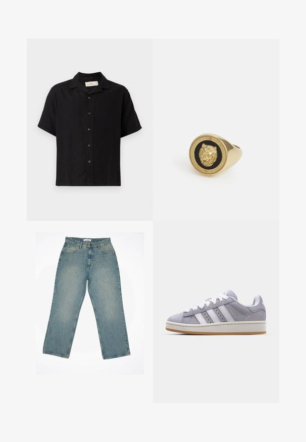 Črna kratka majica s kratkimi rokavi iz mešanice lana, s širšim ovratnikom, sprednjim zapiranjem na gumbe in sproščenim krojem. Mehka tekstura, minimalen dizajn.; Bela dolga majica z dolgimi rokavi iz bombaža. Ima klasičen okrogli izrez in spuščene ramenske šive, z gladko in enostavno strukturo.; Svetlo modri traper hlače z visokim pasom in širokimi hlačnicami. Imajo sprednje žepe, zadrgo in vidne šive.; Sive športne copate iz semiša z belimi črtami, okroglo konico in gumijastim podplatom. Imajo perforacije na straneh in teksturiran vzmetni del.; Zlati prstan z dvignjenim motivom leva na črni podlagi, obdan s krožno obrobo, vklesano z imenom blagovne znamke.