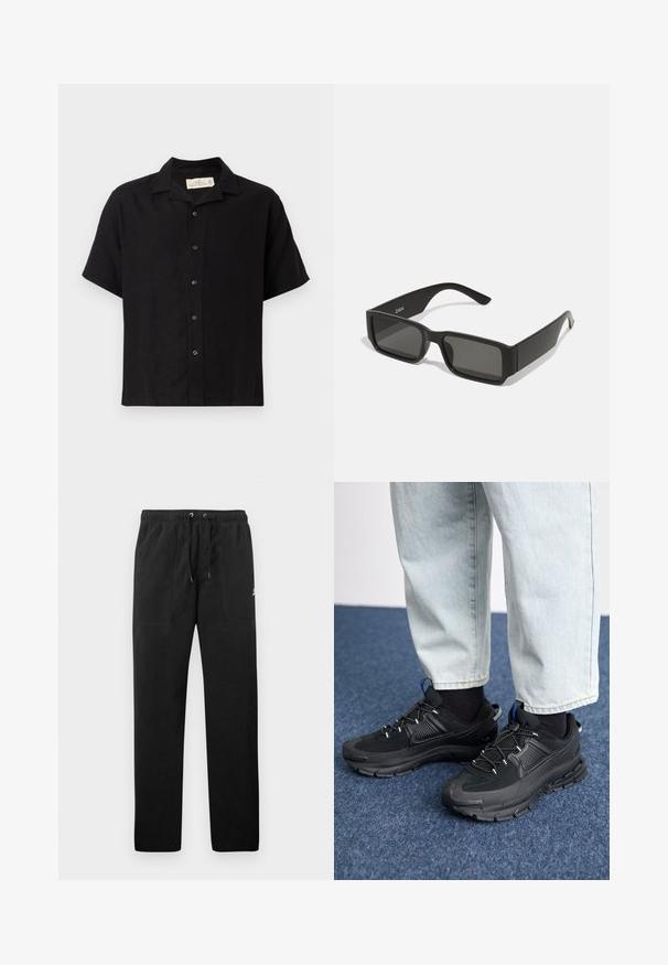 Chemise noire à manches courtes en mélange de lin, dotée d'un col étalé, d'une fermeture à boutons sur le devant et d'une coupe décontractée. Texture douce, design minimal.; Pantalons de survêtement noirs en polaire, dotés d'une taille élastique avec cordons de serrage, de deux poches avant et d'un petit logo sur la cuisse.; Des chaussures de sport noires avec un tissu texturé et des semelles en caoutchouc, dotées de lacets élastiques et d'un accent bleu au talon. Portées avec un pantalon en denim clair.; Lunettes de soleil noires avec des verresrectangulaires, monture en plastique mat et bords droits. Présente le logo de la marque sur le bras intérieur.