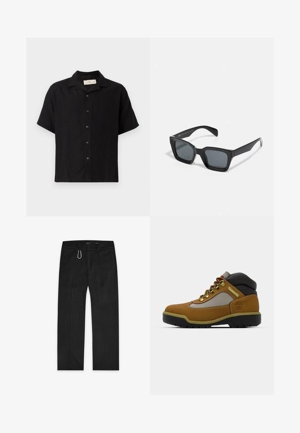 Camisa negra de mangas cortas, hecha de una mezcla de lino, con cuello extendido, cierre frontal de botones y un corte relajado. Textura suave, diseño minimalista.; Pantalones negros fabricados con tejido entrelazado, con un diseño de pierna recta, dos bolsillos laterales, un cierre frontal y un detalle de lazo exterior.; Bota de senderismo marrón con acentos grises y negros, upper de cuero texturizado, ojales de metal y una suela de goma resistente para tracción.; Gafas de sol rectangulares negras con lentes oscuros. Montura de plástico con un acabado brillante, que cuenta con un puente ancho y brazos ligeramente cónicos.