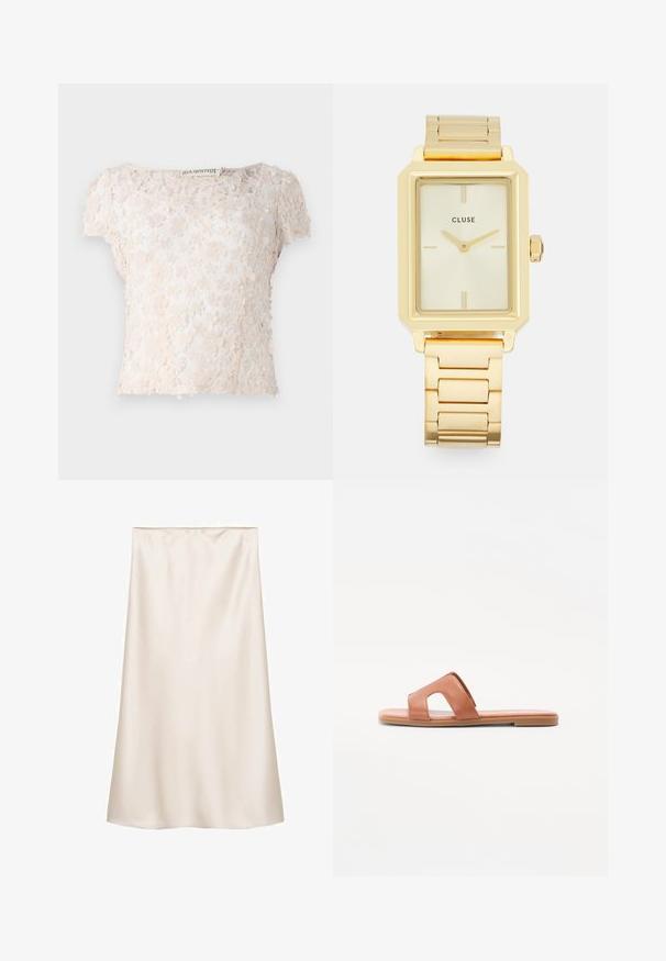 Spitzenoberteil in hellem Beige, mit floralen Applikationen über dem Stoff, kurzen Ärmeln und einem runden Ausschnitt. Strukturiertes und zartes Design.; Satin-Midirock in Off-White, gerader Schnitt mit einem elastischen Bund, glatte Textur und ohne sichtbare Muster oder Akzente.; Braune Leder-Slipper mit offenem Zehendesign, breitem Riemen mit Ausschnittdetails, flacher Sohle und glatter Textur.; Goldfarbene rechteckige Armbanduhr mit minimalistischem Design, ausgestattet mit einem cremfarbenen Zifferblatt, goldenen Zeigern und einem Gliederarmband aus Metall. Die Markierungen umfassen den Markennamen.