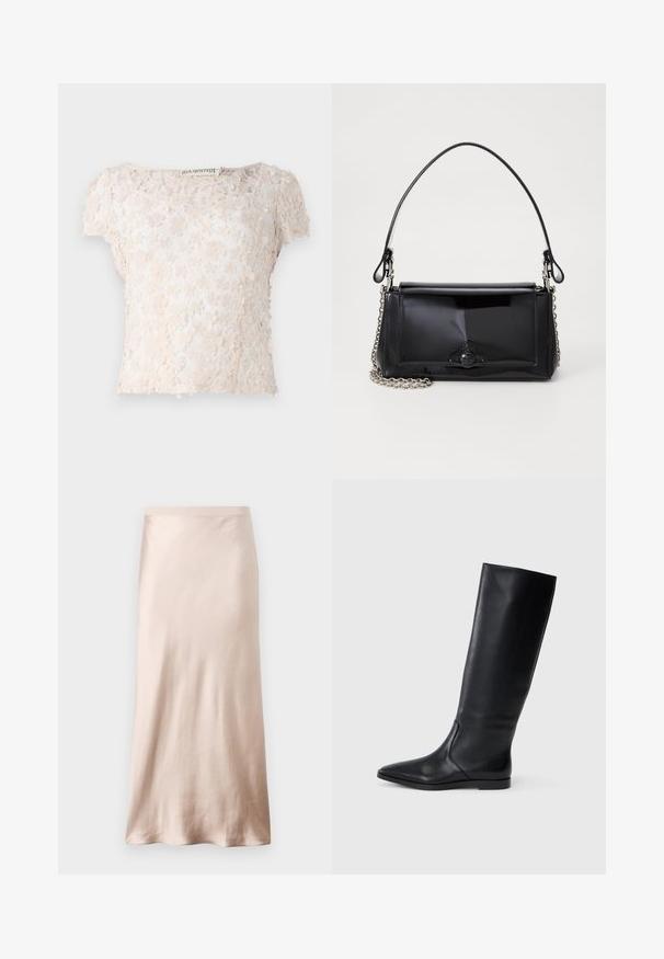 Lace top in light beige, featuring floral appliqués across the fabric, short sleeves, and a rounded neckline. Textured and delicate design.; Satin midi skirt in light beige, featuring a fitted waist, smooth texture, and a flared hem, with no visible embellishments or pockets.; Black leather knee-high boot with a pointed toe and minimal design. Smooth texture and flat sole, featuring discreet side stitching details.; Black patent leather handbag with a rectangular shape, chain strap, and a distinctive hardware accent in the center. Smooth texture.