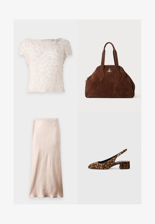 Top din dantelă de culoare bej deschis, cu aplicații florale pe întreaga țesătură, mâneci scurte și un guler rotund. Design texturat și delicat.; Fustă midi din satin, de culoare bej deschis, cu talie ajustată, textură netedă și tiv evazat, fără embellismente vizibile sau buzunare.; Pantofii slingback pentru femei, cu imprimeu leopard, toc jos și cataramă aurie pe curea laterală, prezentați în profil lateral pe un fundal simplu.; Geantă din suede maro, cu o formă structurată, un corp rotund și mânere lungi în formă de diamant. Dispune de o închidere din metal argintiu.