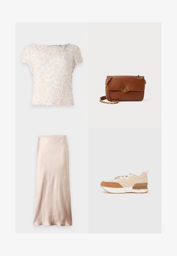 Lace top in light beige, featuring floral appliqués across the fabric, short sleeves, and a rounded neckline. Textured and delicate design.; Satin midi skirt in light beige, featuring a fitted waist, smooth texture, and a flared hem, with no visible embellishments or pockets.; Sneaker featuring a beige fabric upper with tan suede accents, a white midsole, and a rubber outsole with a branding detail.; Brown leather crossbody bag with a flap closure, gold hardware, and a chain strap. Smooth texture, rectangular shape, minimal detailing.